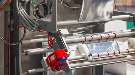 Automatic polyethylene plastic bag production machine with lighting effect. Close-up of the roller...