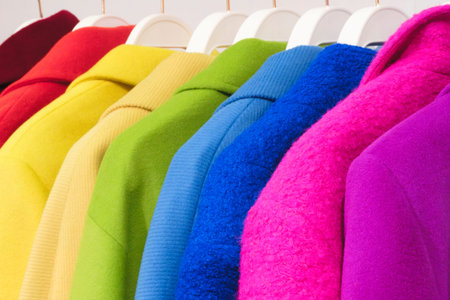 Multicolor family clothes on hangers in store