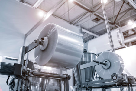 Automatic polyethylene plastic bag production machine with lighting effect. Close-up of the roller...