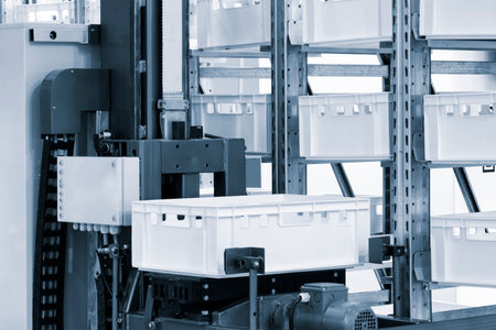 modern distribution warehouse with boxes on racksの写真素材