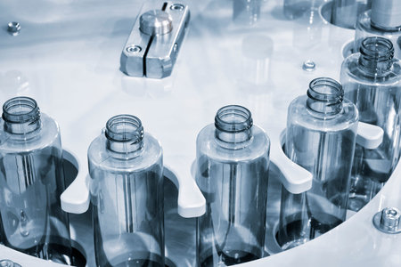 pharmaceutical industry, medicine pills are filling in the bottle on production line machine...