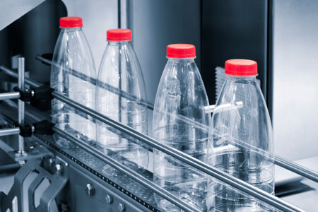 Transparent plastic bottles on a conveyor belt for bottling drinksの写真素材