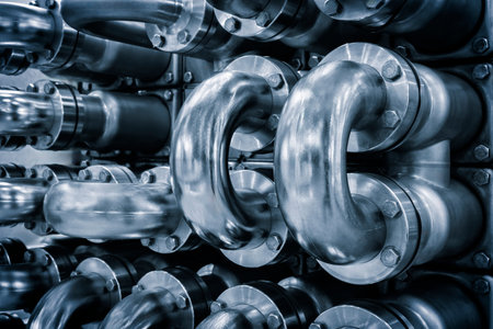 Metal blue curved pipes as an industrial concept background for a web page, template or web banner