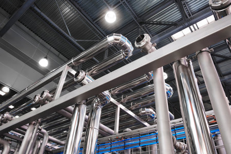 Metal pipes in an industrial building, view from bottom to top. Industrial concept background
