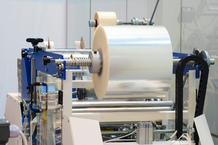 Automatic polyethylene plastic bag production machine with lighting effect. Close-up of the roller...