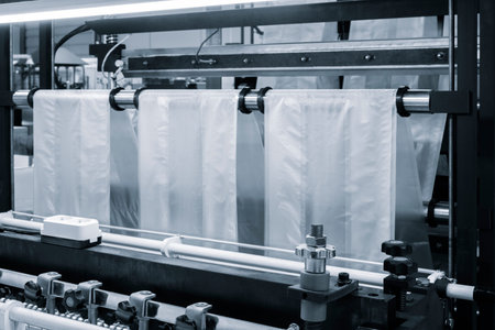 Automatic polyethylene plastic bag production machine with lighting effect. Close-up of the roller of the plastic bag production machine in the light blue scene. product packaging conceptの写真素材