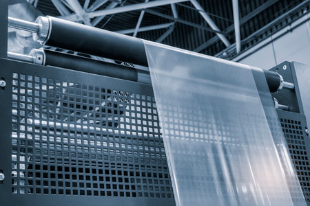 Automatic polyethylene plastic bag production machine with lighting effect. Close-up of the roller of the plastic bag production machine in the light blue scene. product packaging conceptの写真素材