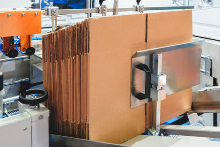 Elements of corton boxes are collected in stack. Conveyor line for the production of boxes. Machine cuts cardboard boxes from sheets of cardboard. Enterprise for the production package.の写真素材