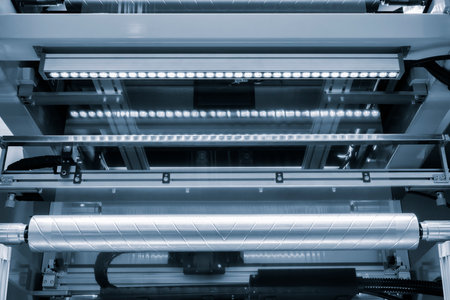 Automatic polyethylene plastic bag production machine with lighting effect. Close-up of the roller of the plastic bag production machine in the light blue scene. product packaging conceptの写真素材