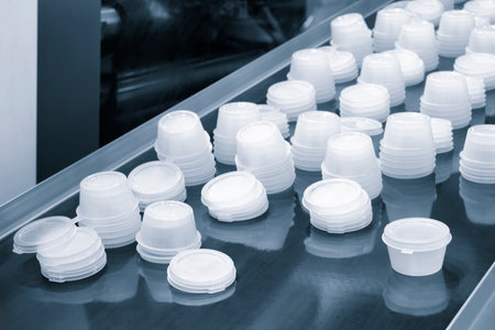 Production conveyor belt of plastic cups with lidsの写真素材