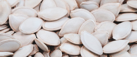 pumpkin seeds background. Top view. Flat lay. Texture element for package and marketing materials designの写真素材