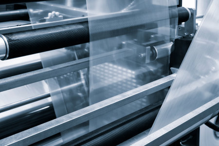 Automatic polyethylene plastic bag production machine with lighting effect. Close-up of the roller of the plastic bag production machine in the light blue scene. product packaging conceptの写真素材