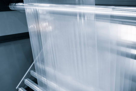 Automatic polyethylene plastic bag production machine with lighting effect. Close-up of the roller...