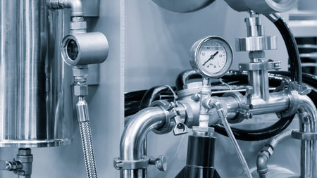 Stainless steel pipes in food or pharmaceutical or chemical industrial factory, industrial concept backgroundの写真素材