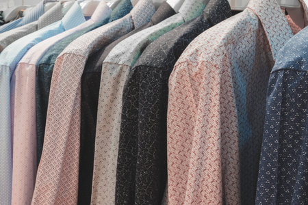 Suits for Sale, Men's suits on hangers in a store.の写真素材