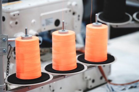 Spools of color threads closeup, spinning machineの写真素材