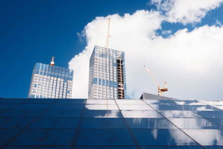 Development construction concept background, building a house against a blue sky with clouds and...