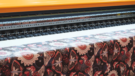 A machine is printing a pattern on a piece of fabric. The pattern is floral and has a mix of colors.