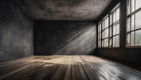 A room with a window and a black rough plaster wall, smooth brown wooden floor. The room is empty...