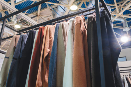 A rack of clothes with a variety of colors and styles. The clothes are arranged in a way that makes it easy for customers to browse and choose what they wantの写真素材