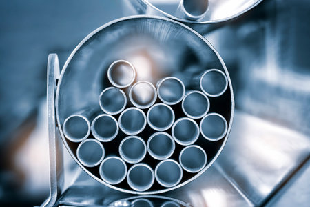 A bunch of metal tubes are stacked in a circle. The tubes are silver and appear to be of varying sizes. Concept of organization and structure, as the tubes are neatly arranged in a circular patternの写真素材