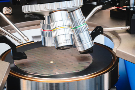Close up examining test sample microchip transistor under microscope in laboratory. Equipment for...