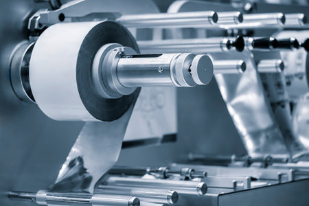 Automatic polyethylene air-bubble packaging roll tape film machine with lighting effect in blue background in full screenの写真素材