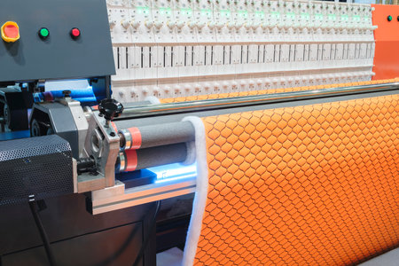 A machine is making a piece of orange fabric with a pattern of squares. The machine is made of metal and has a black handleの写真素材