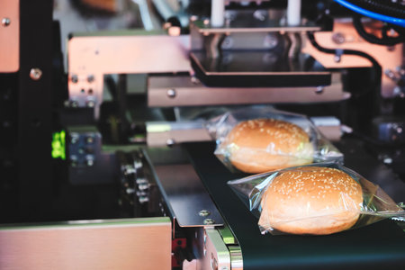 Two hot dogs are being packaged in plastic bags on a conveyor belt. The conveyor belt is moving the hot dogs through a machine that is packaging themの写真素材