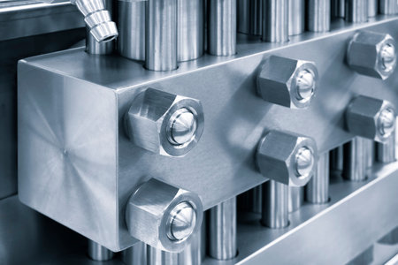 A close up of four bolts on a metal surface. The bolts are silver and have a shiny appearance....