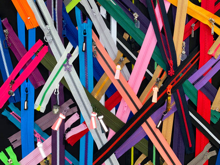 A colorful assortment of zippers are spread out on a black background. The zippers come in a variety of colors and sizes, creating a vibrant and lively scene. Concept of creativity and funの写真素材