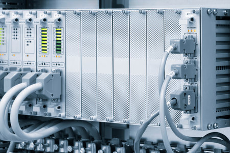 A row of computer cables with a clock on the left side.