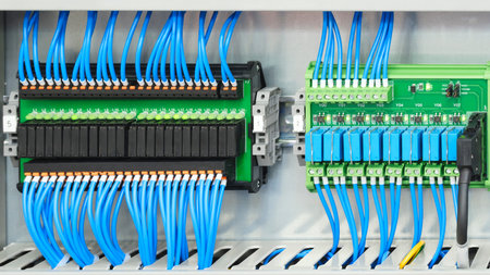 A blue and white electrical box with many wires and a green switch