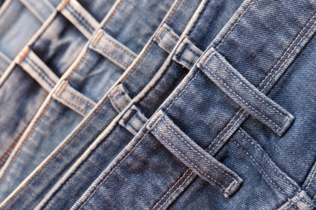 A row of jeans with different colors and patterns. The jeans are hanging on a rackの写真素材
