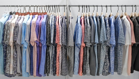 A rack of clothes with a variety of colors and patternsの写真素材