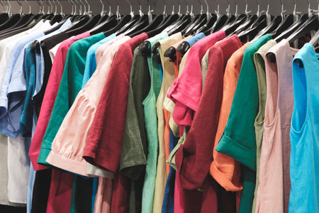 A rack of clothes with a variety of colors and styles. The clothes are hanging on hangers and are organized by color. Concept of variety and abundance, as there are many different types of shirtsの写真素材