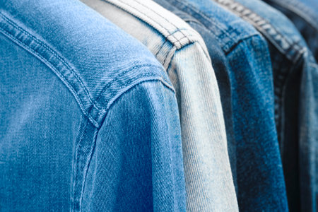 A row of denim jackets are hanging on a rack. The jackets are all different shades of blue and whiteの写真素材