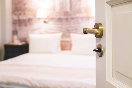 A bedroom with a gold door handle and a white bed. The room is clean and well-organizedの写真素材