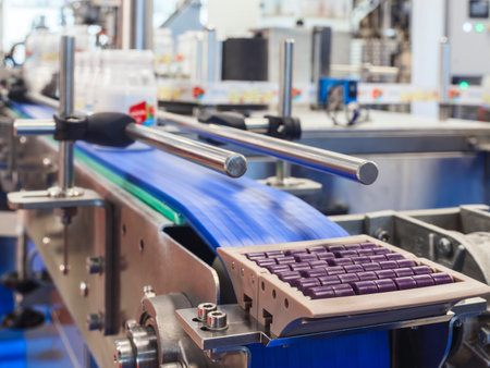 A conveyor belt is filled with purple pills. The pills are purple and are being made in a factoryの写真素材