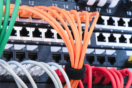 Telecommunication Internet equipment with wires and communication blocks. Telecommunication technology concept backgroundの写真素材