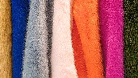 A row of fuzzy, brightly colored fabric pieces. The colors are blue, pink, orange, green, and yellow
