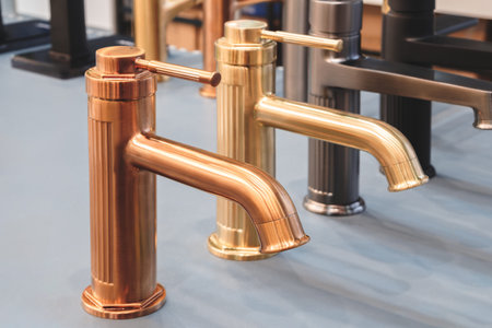 A row of gold and bronze faucets are displayed on a counter. The faucets are of different sizes and...