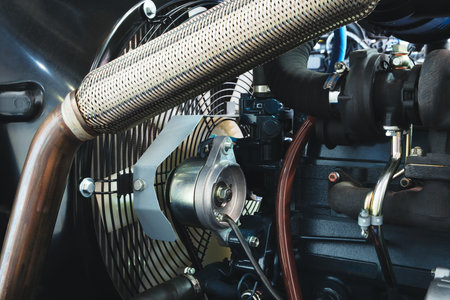 A car engine with a fan on the side