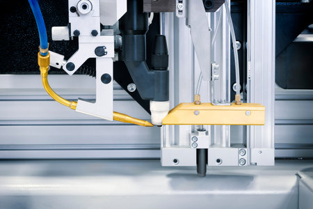 A machine with a yellow hose attached to it. The machine is in a factory setting. The yellow hose is...