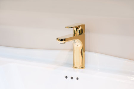 A gold faucet is mounted on a white sink. The faucet is shiny and has a modern design