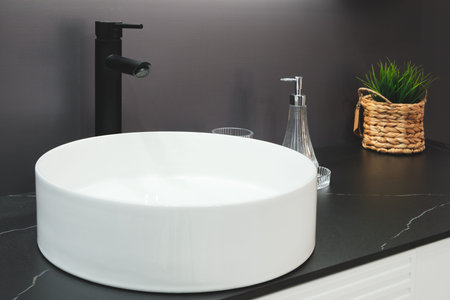 A white sink with a black faucet sits on a black countertop. A potted plant sits next to the sink,...