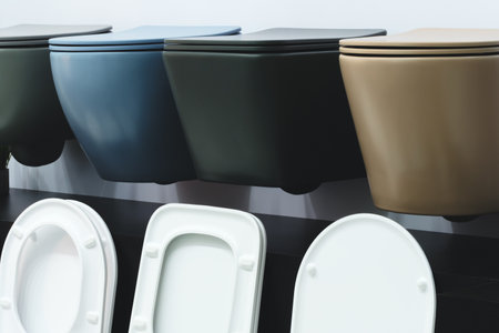 A row of toilets with different colors and designs. The toilet on the left is white and has a blue seatの写真素材