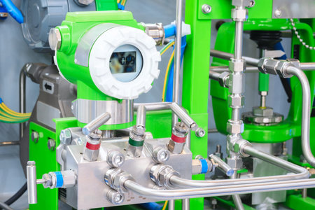 A green industrial machine with a white screen that says Pressure on it. The machine is surrounded...