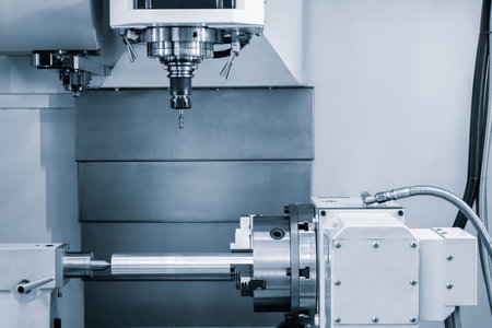 A machine with a drill bit in it. The machine is white and silver