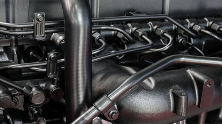Black diesel engine. Fragment of a diesel motor close-up. Selective on the fuel injection in the...